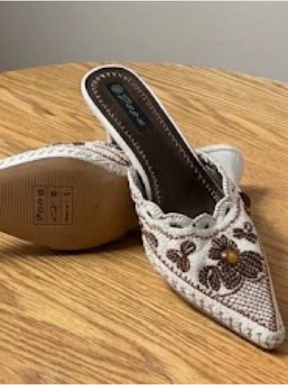 Embroidered White Beaded Pointed-Toe Kitten Heel Mules